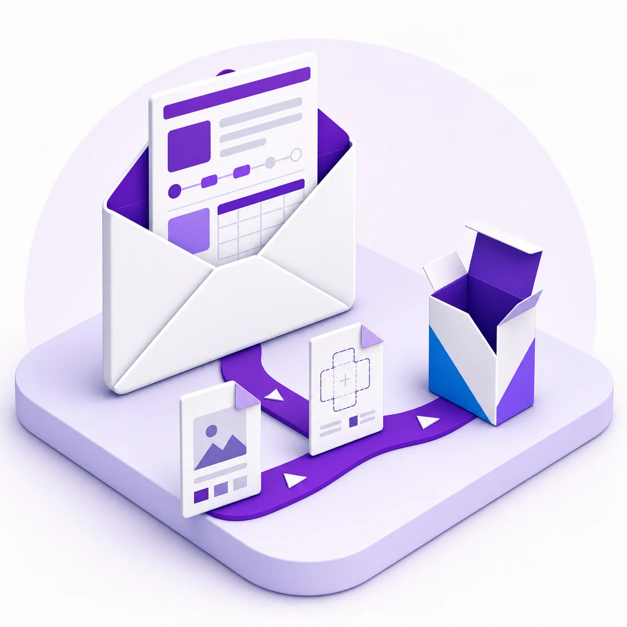 Illustration of an email request becoming a packaging production job