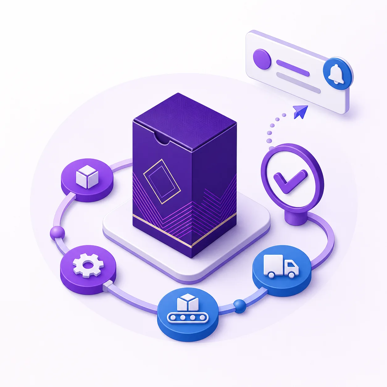 Illustration of a completed carton production workflow and customer notification