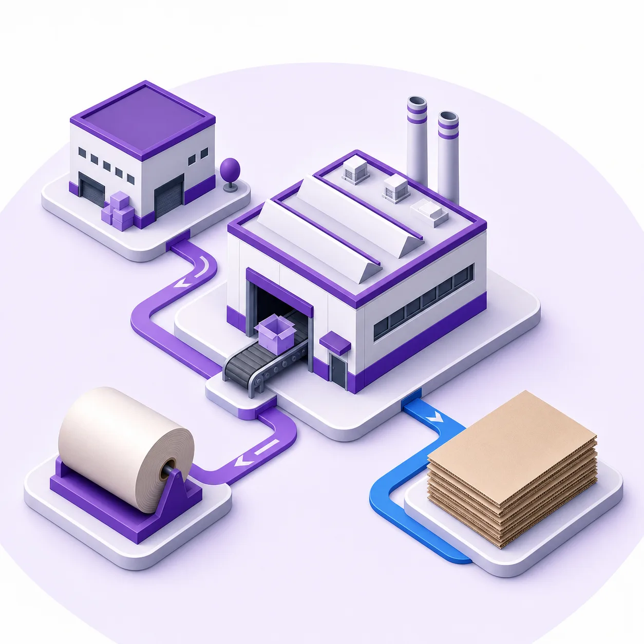 Illustration of packaging factories and suppliers connected in one workflow
