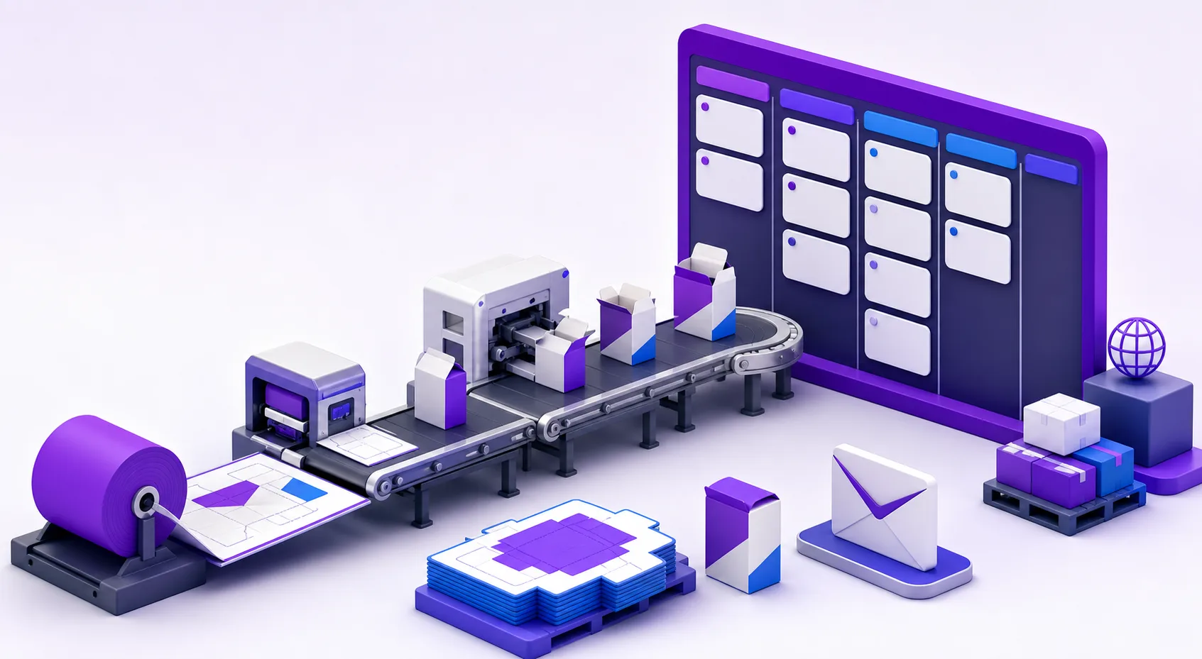 Illustration of cartons moving through a production line into a digital job board
